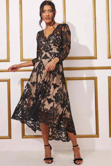 Scalloped Lace Dipped Hem Midi Dress Goddiva